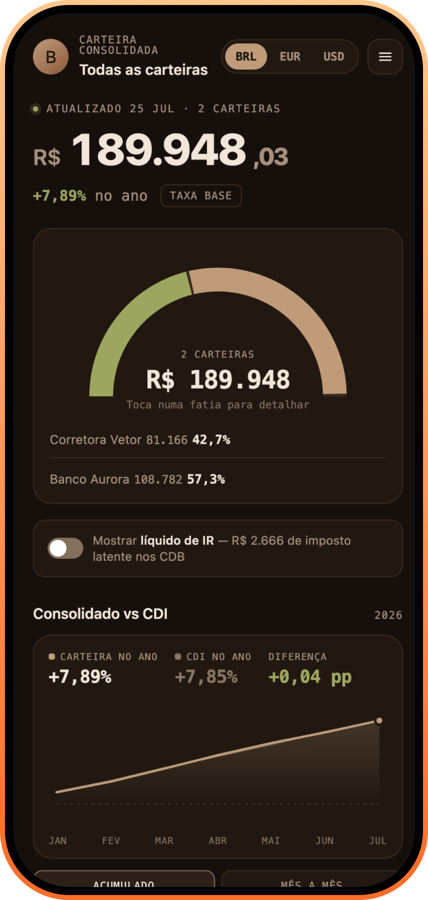 Ecrã consolidado do Vivid: património total de duas carteiras, repartição por instituição e comparação com o CDI no ano.